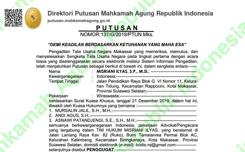 Read more about the article Putusan Nomor 137/G/2019 PTUN Makasar