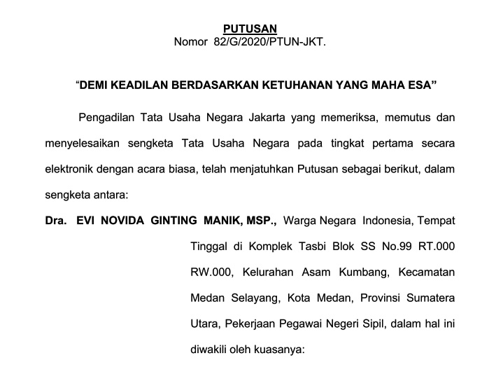 Read more about the article Putusan PTUN Jakarta No. 82/G/2020 yang Mengabulkan Gugatan Evi Novida Ginting terhadap Keputusan Presiden No.34/P Tahun 2020