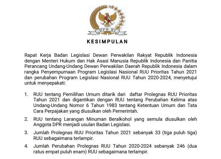 Read more about the article Kesimpulan Rapat Kerja Baleg DPR RI, KEMENKUMHAM RI dan Panitia Perancang UU DPD RI Tentang Prolegnas 2021